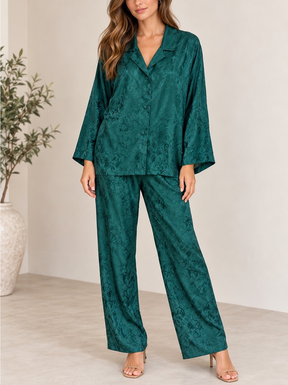 Treesha 100% Silk Teal Jacquard 2 Piece Blouse Pants Set Size L Vintage